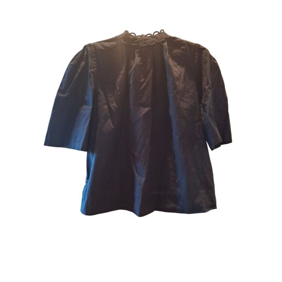 Worthington Womens Blouse 12 Black Short Sleeve V Neck Looped Collar Goth - Picture 2 of 8